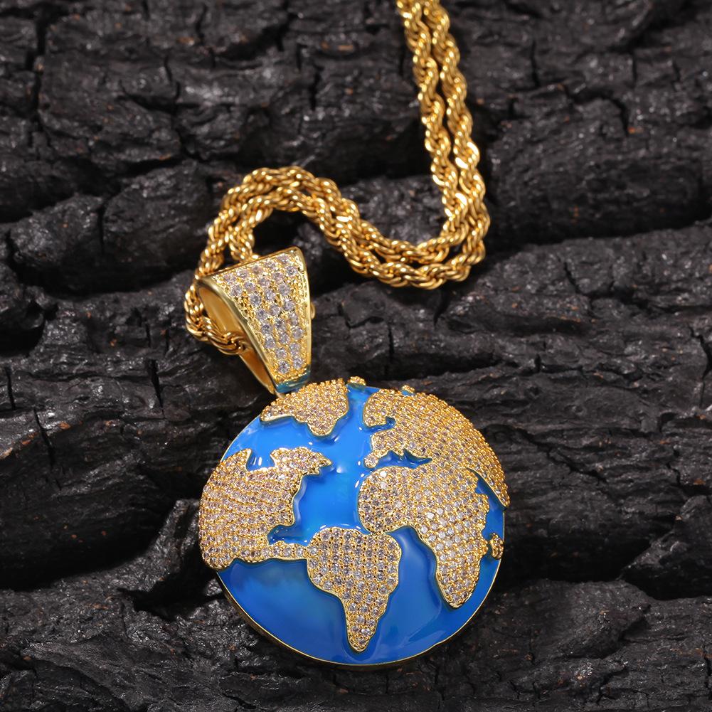 New White Gold Plated Bling Cubic Zirconia Enamel Blue Earth Pendant Mens Womens Necklace Bijoux Hip Hop Rapper Jewelry Gifts for Lovers