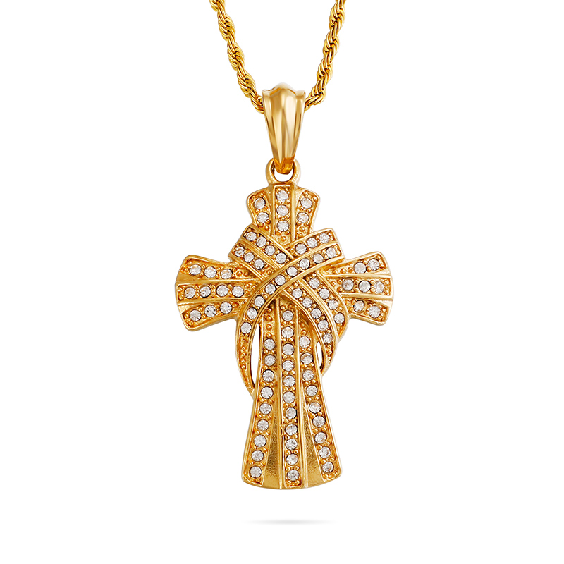 Men Hip Hop Domineering Cross Pendants Necklace 316L Stainless Steel Cubic Zirconia Setting 18K Gold Plated Jewelry