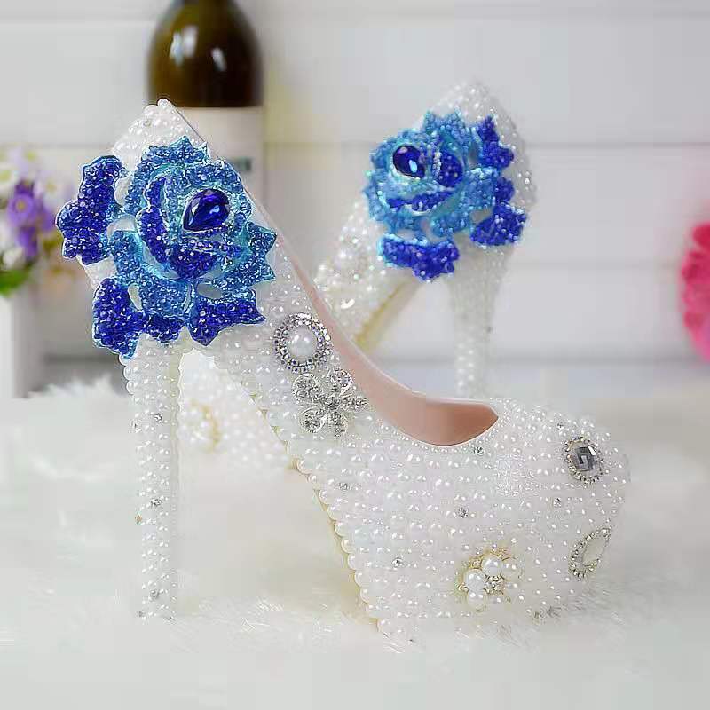 Pearls Flower Wedding Shoes Blue Diamond Rose Pumps High Heels Bridal Shoes 14cm Bling Bling Prom Shoes for Lady