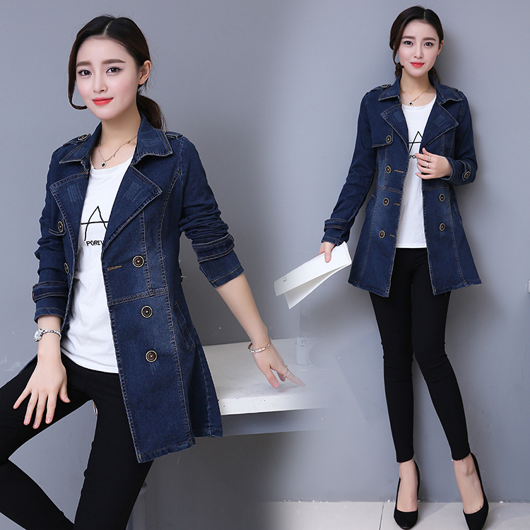 Wholesale spring and autumn new women's long casual double-breasted denim windbreaker jacket, Blue
Wholesale spring and autumn new women's long casual double-breasted denim windbreaker jacket, Blue