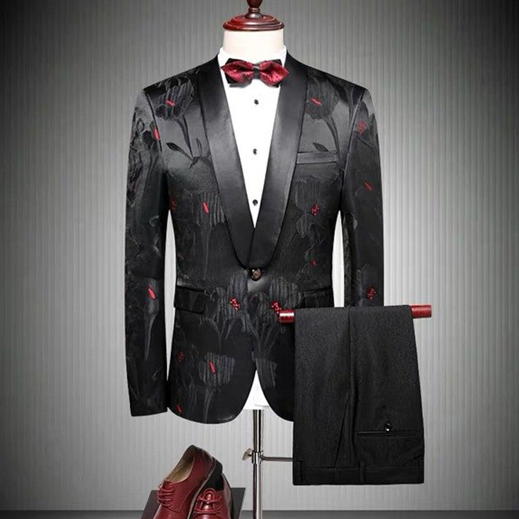 New 2019 Design Mens Wedding Tuxedos Stylish Embroidery Royal Black Red Shawl Lapel Groom Wear Custom Made One Button Blazer(Jacket+Pants)