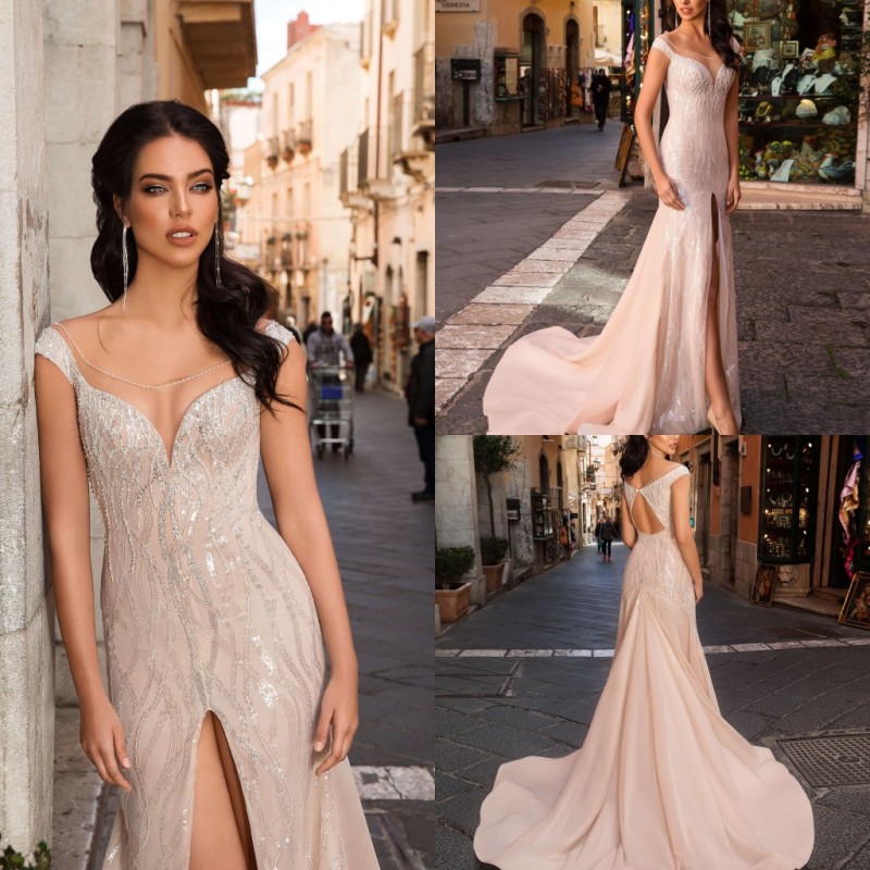 2019 Innocentia Mermaid Wedding Dresses Sheer Scoop Neck Sequined Thigh High Slits Champagne Bridal Gowns Hollow Back Vintage Wedding Dress