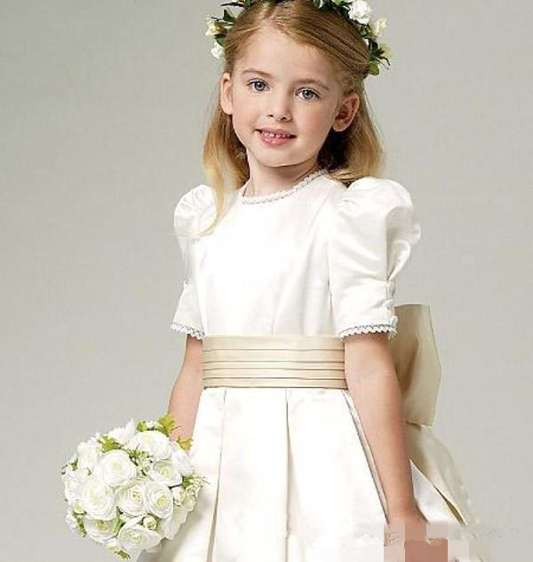 Vintage boho Flower Girl Dress Jewel Neck Ankle Length Bubble Short Sleeves Lace Hemline Ivory Satin Flower Girl Dresses