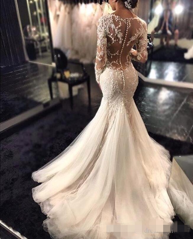 Long Sleeves Charming Mermaid Dresses Lace Applique V Neck Illusion Backless Covered Buttons Train Wedding Bridal Gown