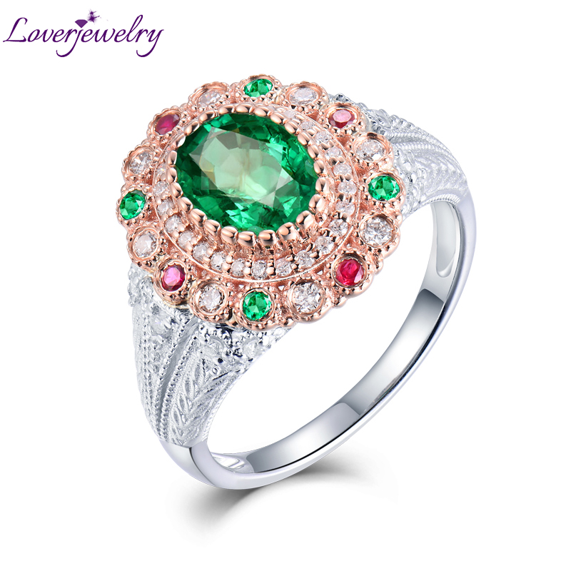 

Cluster Rings Green Emerald For Women Real 18KT White Gold Colors Gemstones Natural Diamonds Young Lady Ring Party Dressing Fine Jewelry