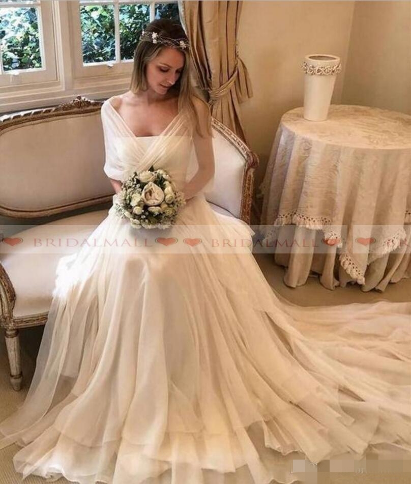 Elegant A Line Dresses With Wraps Chiffon Sweep Train Ruffles Ruched Pleats Simple Custom Made Plus Size Garden Country Wedding Gown