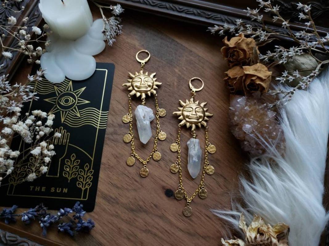 Dangle & Chandelier Sun Goddess Quartz Charm Brass Earrings Stars Moon Boho Hippie Bohemian Celestial Witchy Metaphysical Jewelry
