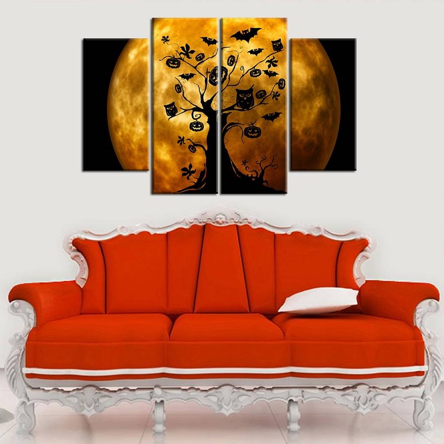 4pcs/set Unframed Halloween Moonlight Tree Bat Pumpkin Shadow Print On Canvas Wall Art Picture For Home and Living Room Decor