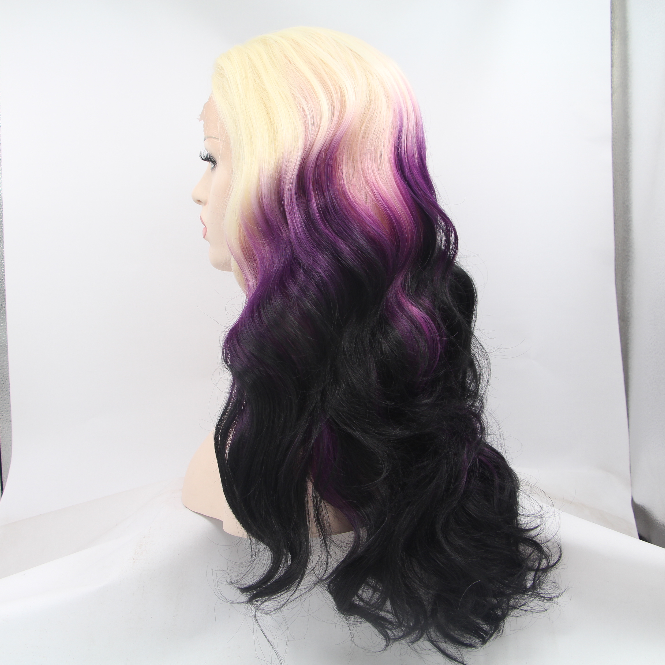 Sexy Cosplay Long Body Wave Wig Glueless ombre purple Synthetic Lace Front Wigs With Bangs 180% Density Heat Resistant Fiber Wigs For Women