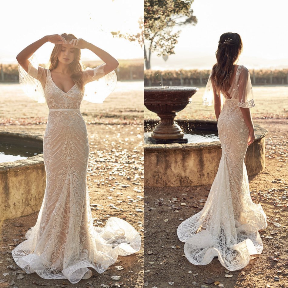 2020 New Mermaid Full Lace Boho Wedding Dresses V Neck Bohemian Beach Half Sleeve Bridal Gowns Country Garden Wedding Dress, Yellow
2020 New Mermaid Full Lace Boho Wedding Dresses V Neck Bohemian Beach Half Sleeve Bridal Gowns Country Garden Wedding Dress, Yellow