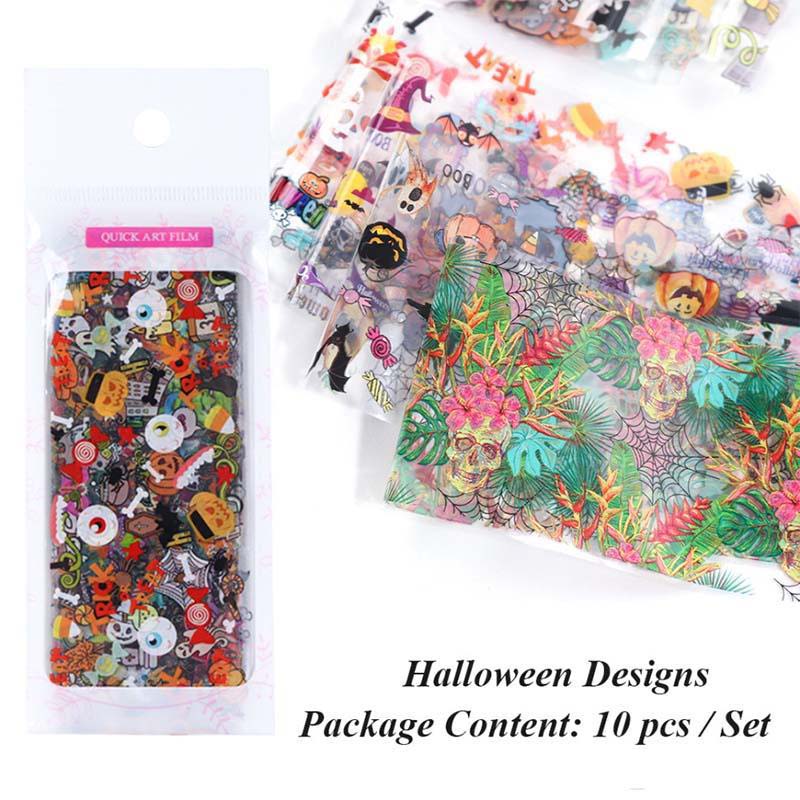 10pcs Fashion Halloween Self-adhesive Nail Sticker Design Water Transfer Decals Pumpkin Cat Witch Skull Nail Art Foil Cool Polish Decal DHL