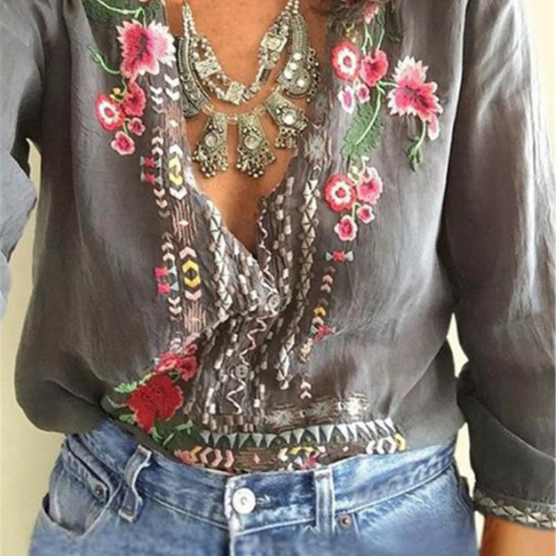Fanbety Women Embroidery Bohemian Blouse Shirt Elegant Sexy V Neck Ethnic Style Blusas Summer Casual three quarter Boho Blouses LY191116