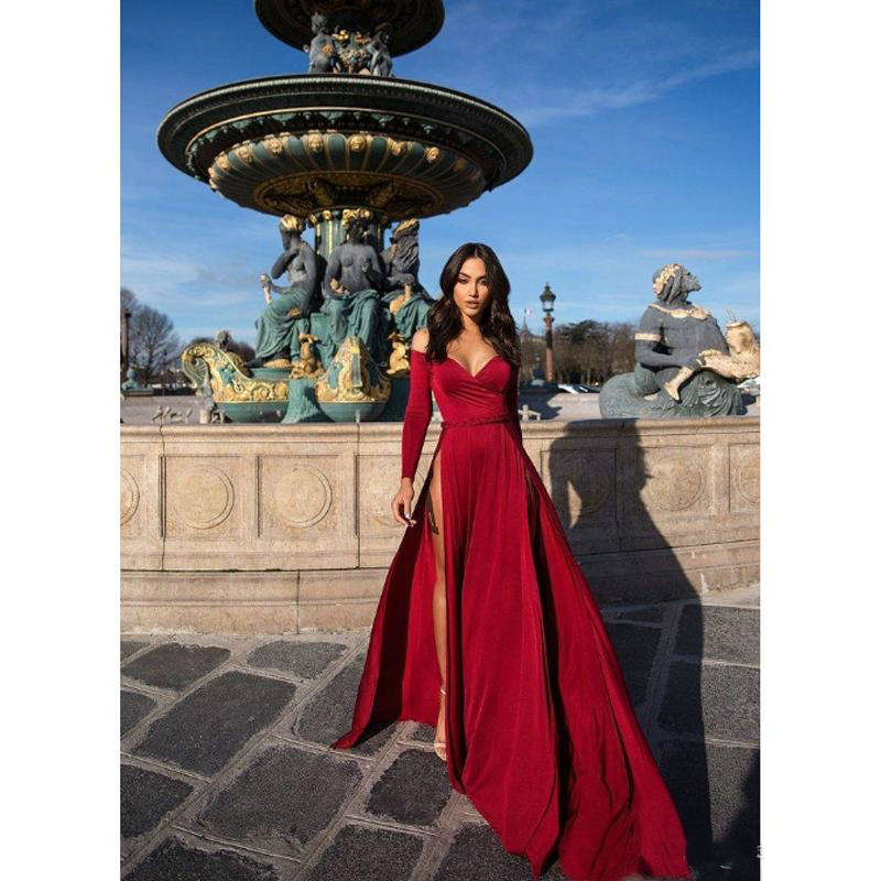 Fashion Burgundy Velvet Prom Dress With Long Sleeves Sexy Off The Shoulder High Side Split Special Occasion Formal Party Dresses Long Gowns