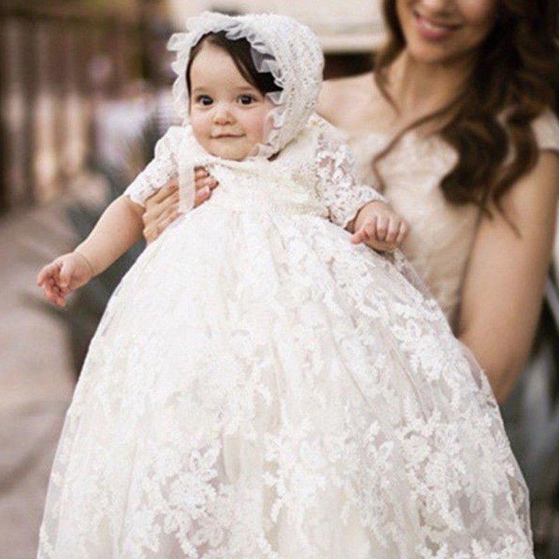 2019 Long Sleeve Christening Gowns For Baby Girls Lace Appliqued Baptism Dresses With Bonnet First Communication Dress