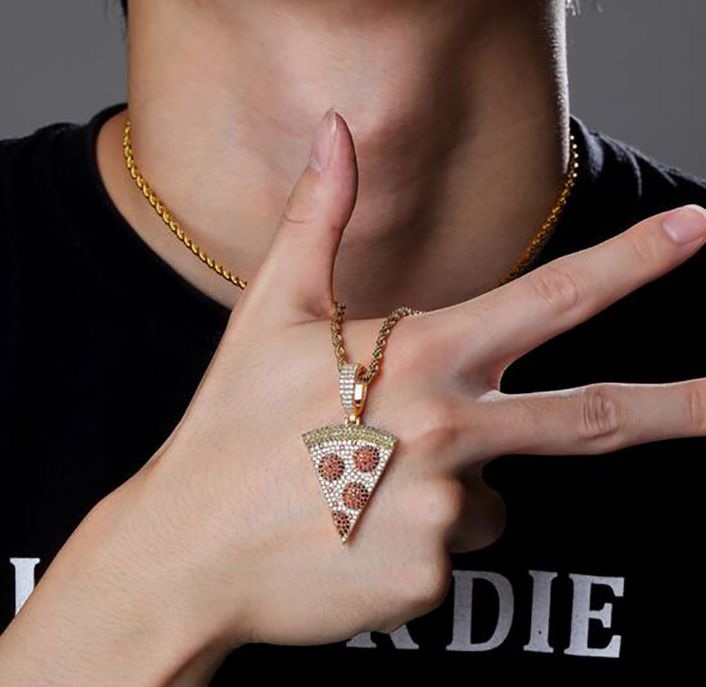14K Gold Plated Pizza Copper CZ Dessert Cake Pendant Necklace Top Quality Cubic Zircon Bling Bling For Men Women Jewelry