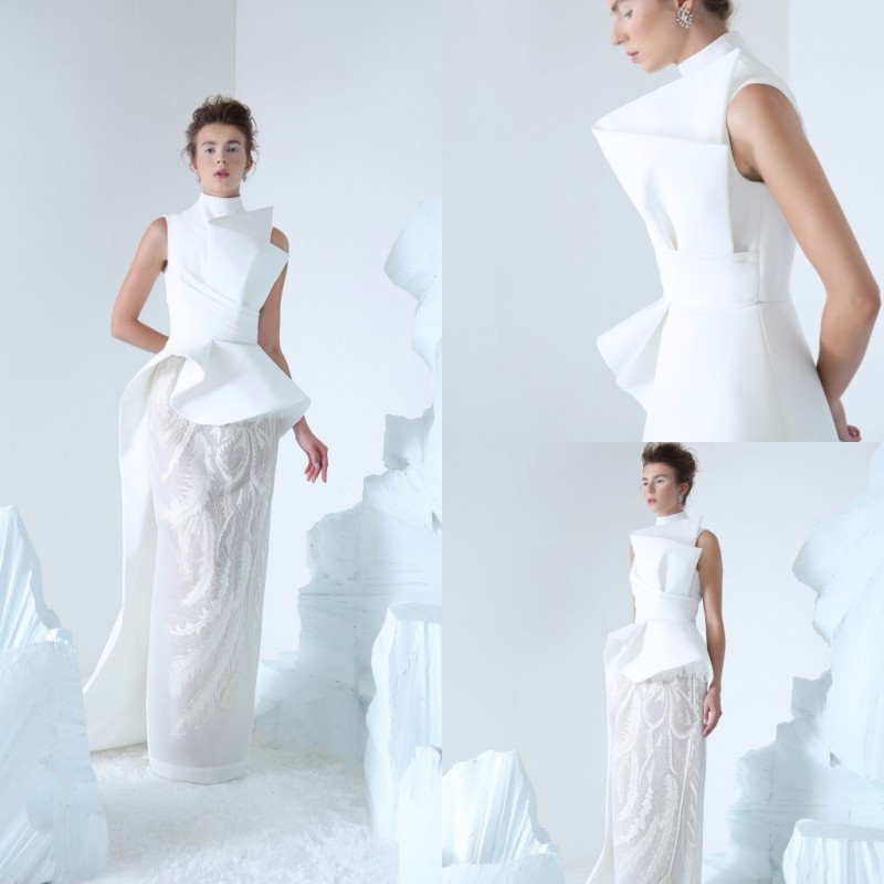 Azzi Osta 2019 High Neck Prom Dresses Lace Appliqued Sexy Celebrity Party Gowns Sleeveless Floor Length Formal Evening Dress