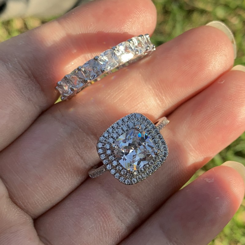 Couple Rings Luxury Jewelry 925 Sterling Silver Cushion Shape White Topaz Pave CZ Diamond Promise Party Women Wedding Bridal Ring Set Gift