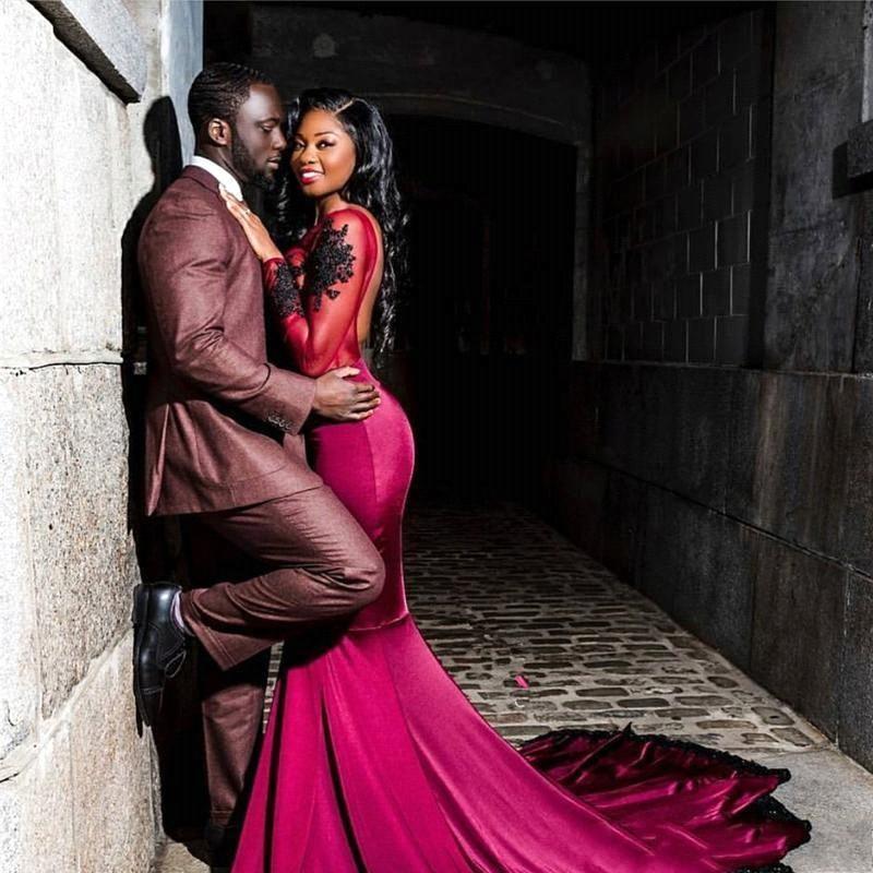 Burgundy Mermaid Prom Dresses Plus Size Sheer Long Sleeves Lace Beaded Party Evening Gowns Sexy Backless Court Gown Arabic Black Girls Dresses