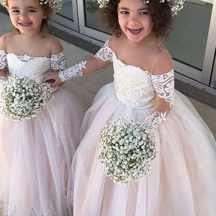 2020 Cute Pink Ball Gown Flower Girls Dresses Lace Appliqued Off Shoulder Girl Pageant Gowns Tulle Kids Formal Dress For Wedding