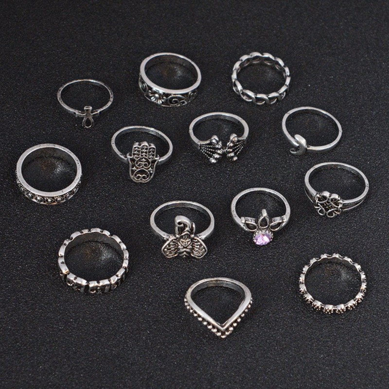 bohemian retro crown gem big palm elephant 13 piece set ring womens crystal joint ring set punk gift