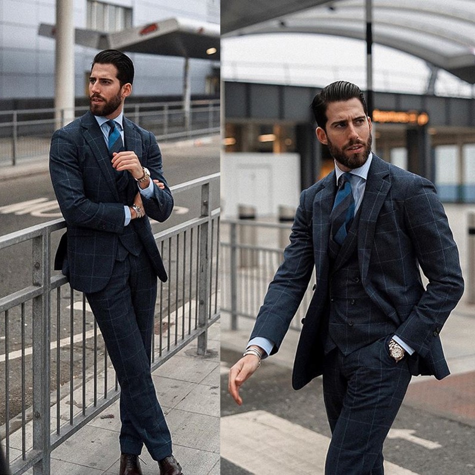 Handsome Check Plaid Groom Wedding Suits Groom Slim Fit Two Button Formal Work Prom Office Blazer Jacket(Jacket+Vest+Pants)