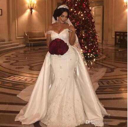 2020 Elegant Beaded Lace Wedding Dresses With Detachable Train Off Shoulder Mermaid Bridal Gowns Applique Ivory Satin Wedding Dress