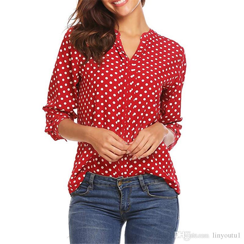 Large size Women's Blouse 2020 spring new print small dot V-neck long-sleeved sleeves Shirt fashion casual loose ladies Blouse