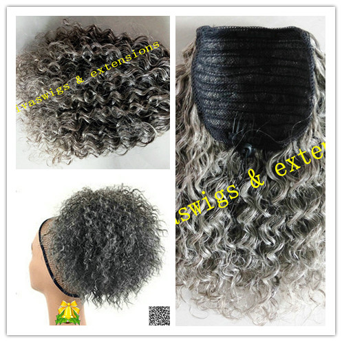 Short high grey kinky women ponytail human hair extension salt and pepper naturally brazilian ponytail drawstring hair topper 120g