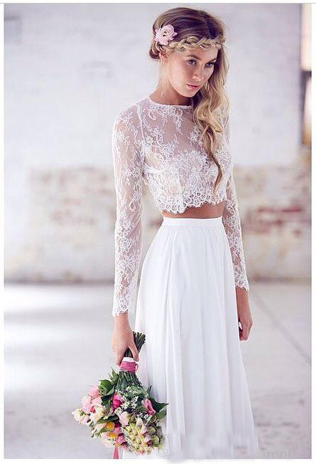 Spring Two Pieces Crop Top Beach Bohemian Dresses Chiffon Ruched Floor Length Wedding Gowns Lace Long Sleeve Bridal Dress 0521