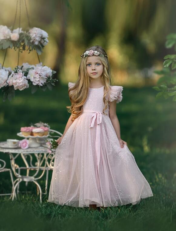 Sweet Flower Dresses Princess Baby Pink Back Bow Wear For Wedding Floor Length Short Bubble Sleeve Girls Party Dress