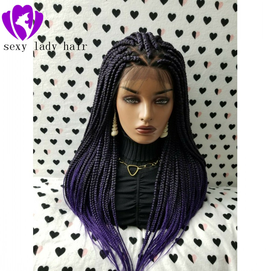 Natural Box Braided Wigs with Baby Hair Dark Roots Ombre purple Hand Tied Heat Resistant Synthetic Braided Lace Front Wigs for Women
