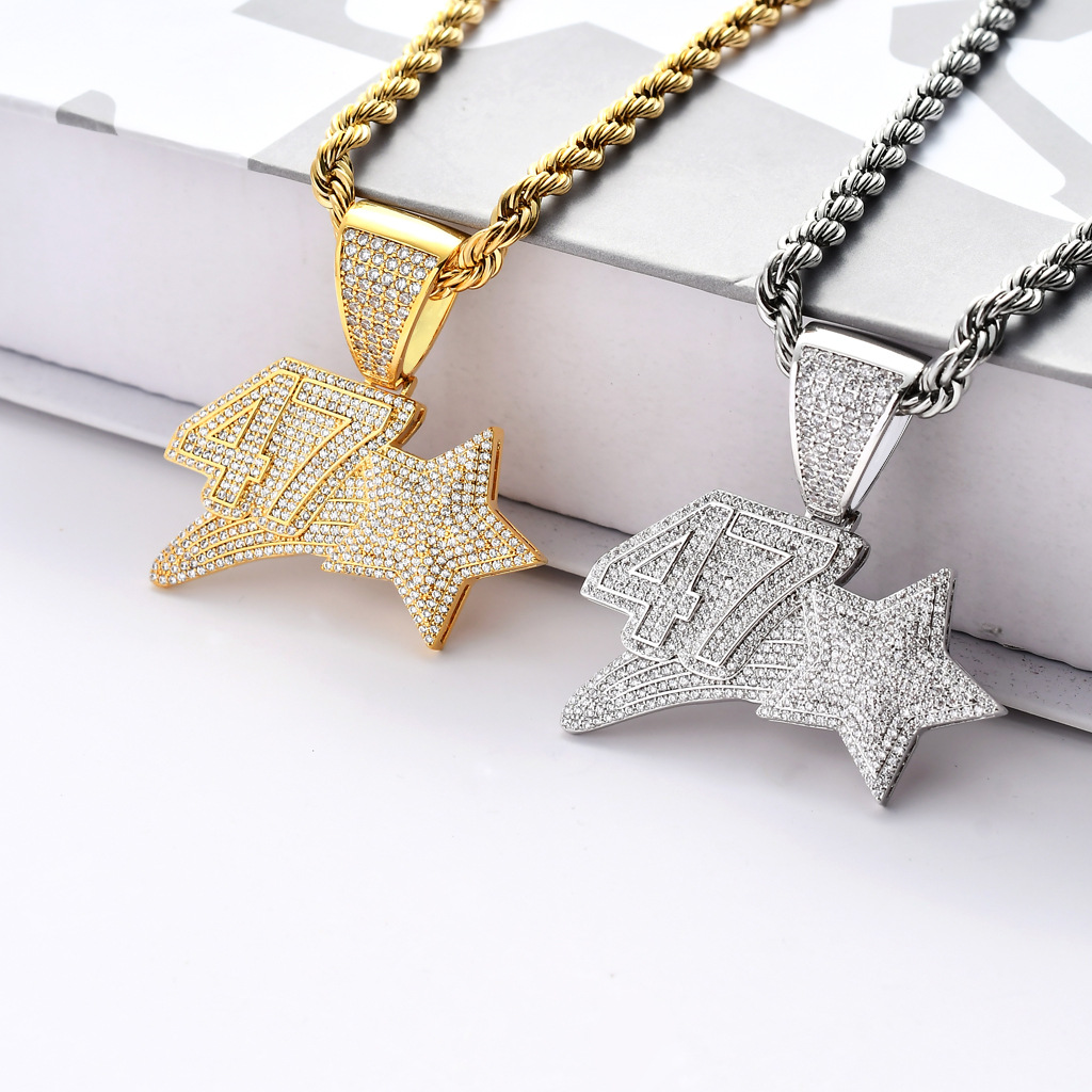 New Style 18K Gold Plated Full CZ Cubic Zirconia Number 47 Star Pendant Necklace Twist Chain Hip Hop Punk Rock Jewelry Gifts for Men & Women