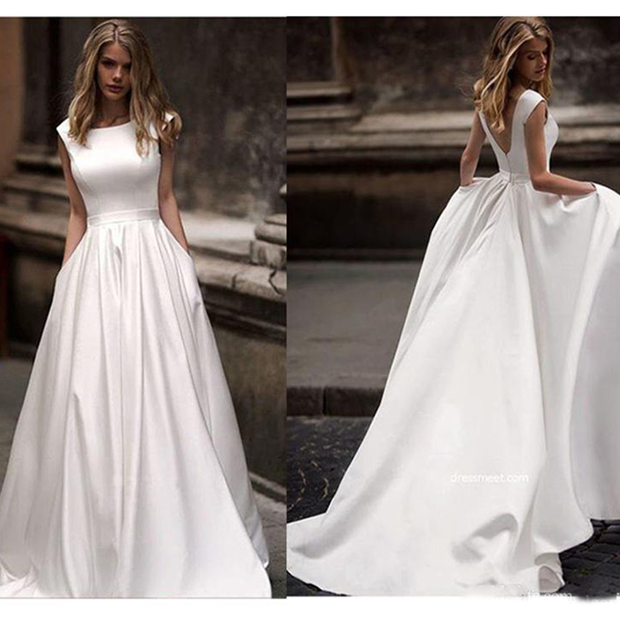 Satin Wedding Dresses With Pocket A Line Sleeveless Bridal Gowns Floor Length Wedding Gown Vestido de novia
