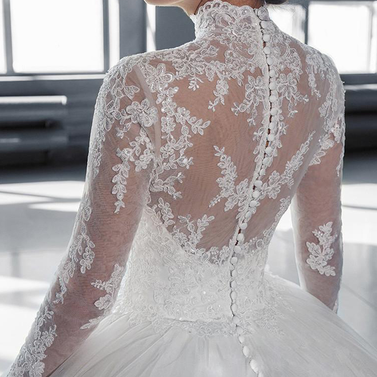 Luxury Lace Ball Gown Wedding Dresses High Neck Long Sleeves Bridal Gowns Floor Length White Dress