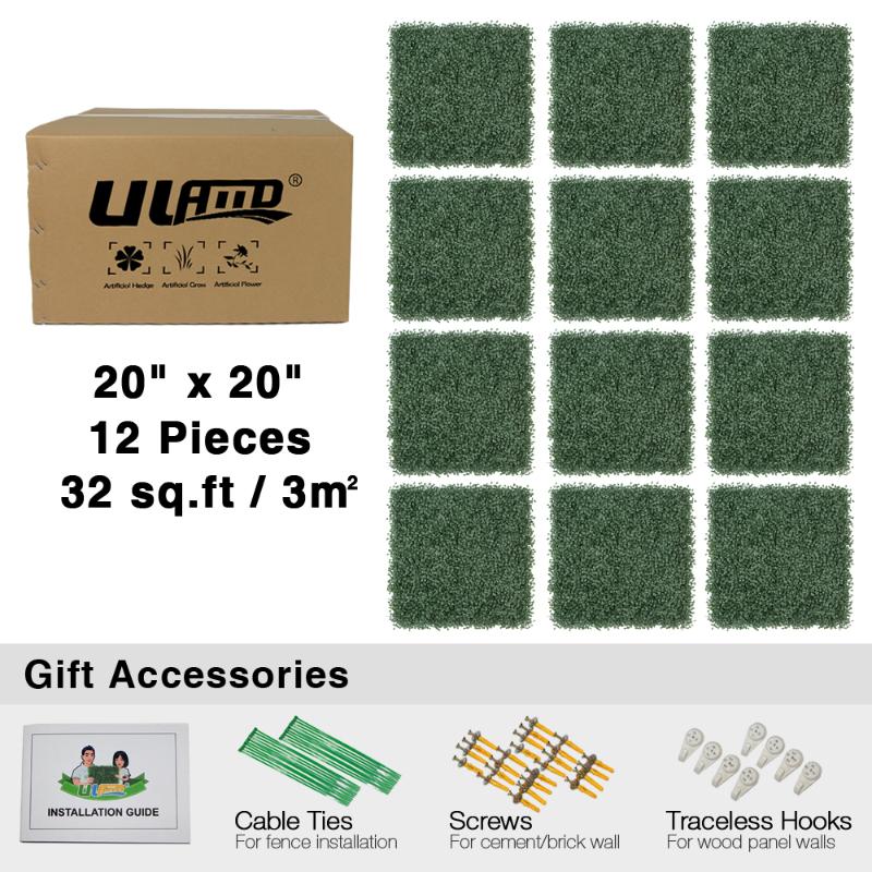 ULAND Artificial Boxwood Panels Outdoor Privacy Fence Hedge Screen 32 sqft Hanging Decorative Ornaments Wedding Backrop 12 pack