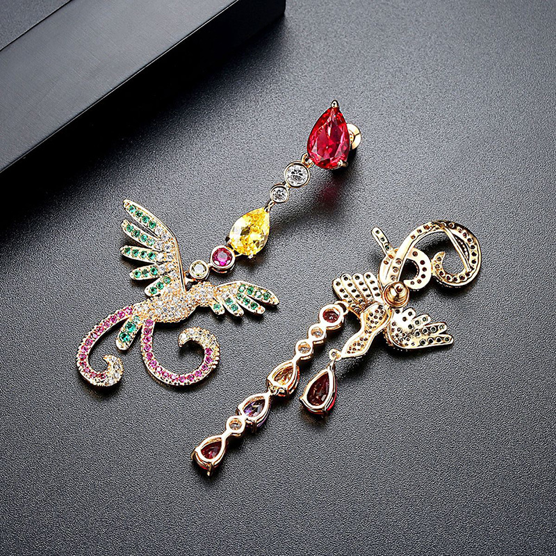 Bling Colorful Zircon Drop Earrings Chinese Phoenix Fine Jewelry Wedding Dangle Earrings for Women Gril Gift
