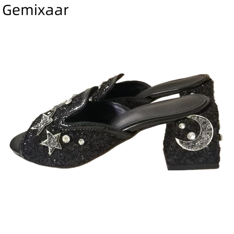 Star Moon Decor Square Heel Slip-on Lady Mules Sexy Open Toe Black Sequins Pearl Rhinestone Summer Slippers Women
Star Moon Decor Square Heel Slip-on Lady Mules Sexy Open Toe Black Sequins Pearl Rhinestone Summer Slippers Women