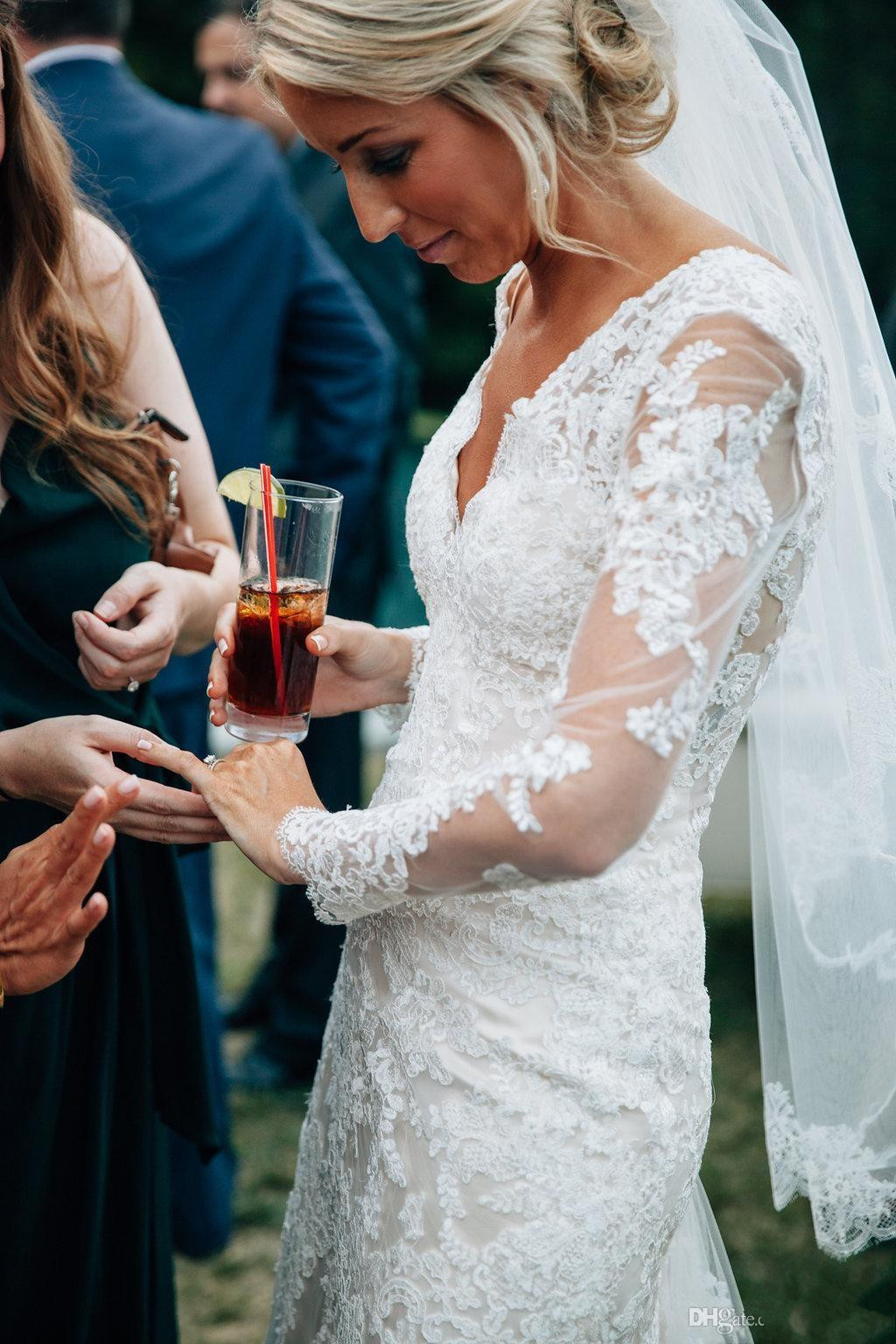 lace long sleeve mermaid wedding dresses sexy deep v neck wedding dress sweep train boho beach bridal gowns