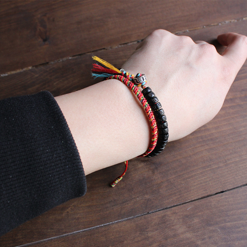 Tibetan Buddhist Hand Braided Cotton Thread Lucky Knots Bracelet Natural Coconut Shell Beads Carved Om Mani Padme Hum Bangle T190702