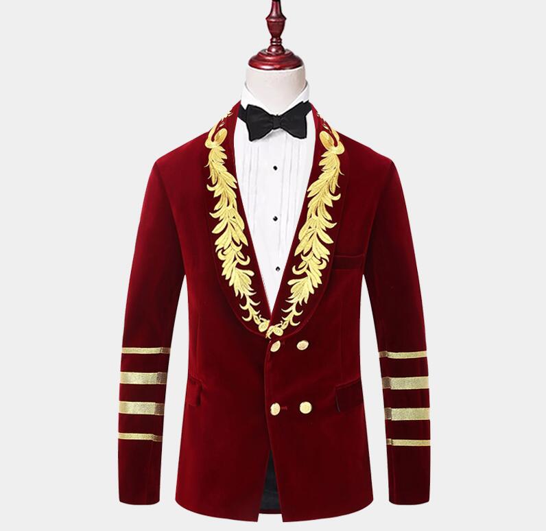 gentleman burgundy velvet gold embroidered tuxedo jacket fashion mens suits just one piece custom made mens coat