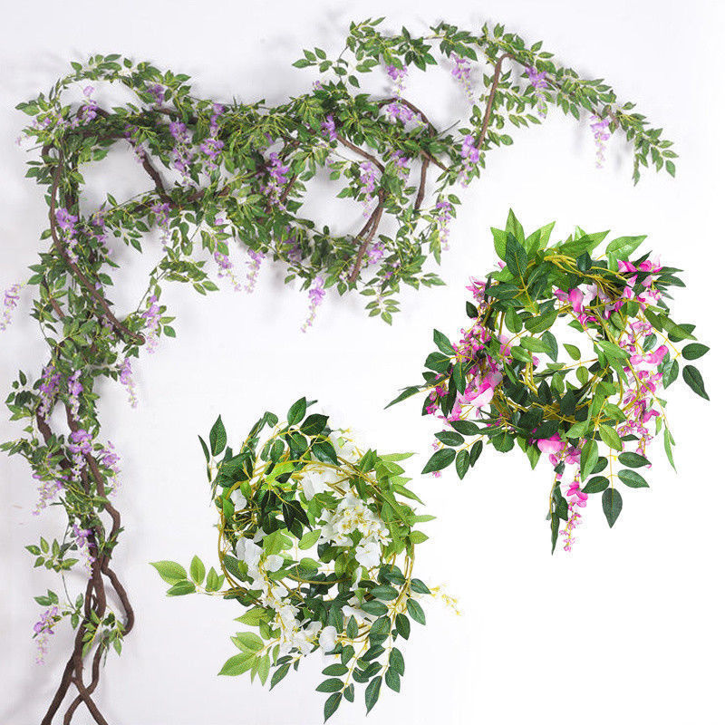 Flower String Artificial Wisteria Vine Garland Plants Foliage Outdoor Home Trailing Flower Fake Hanging Wall Decor 7ft 2m