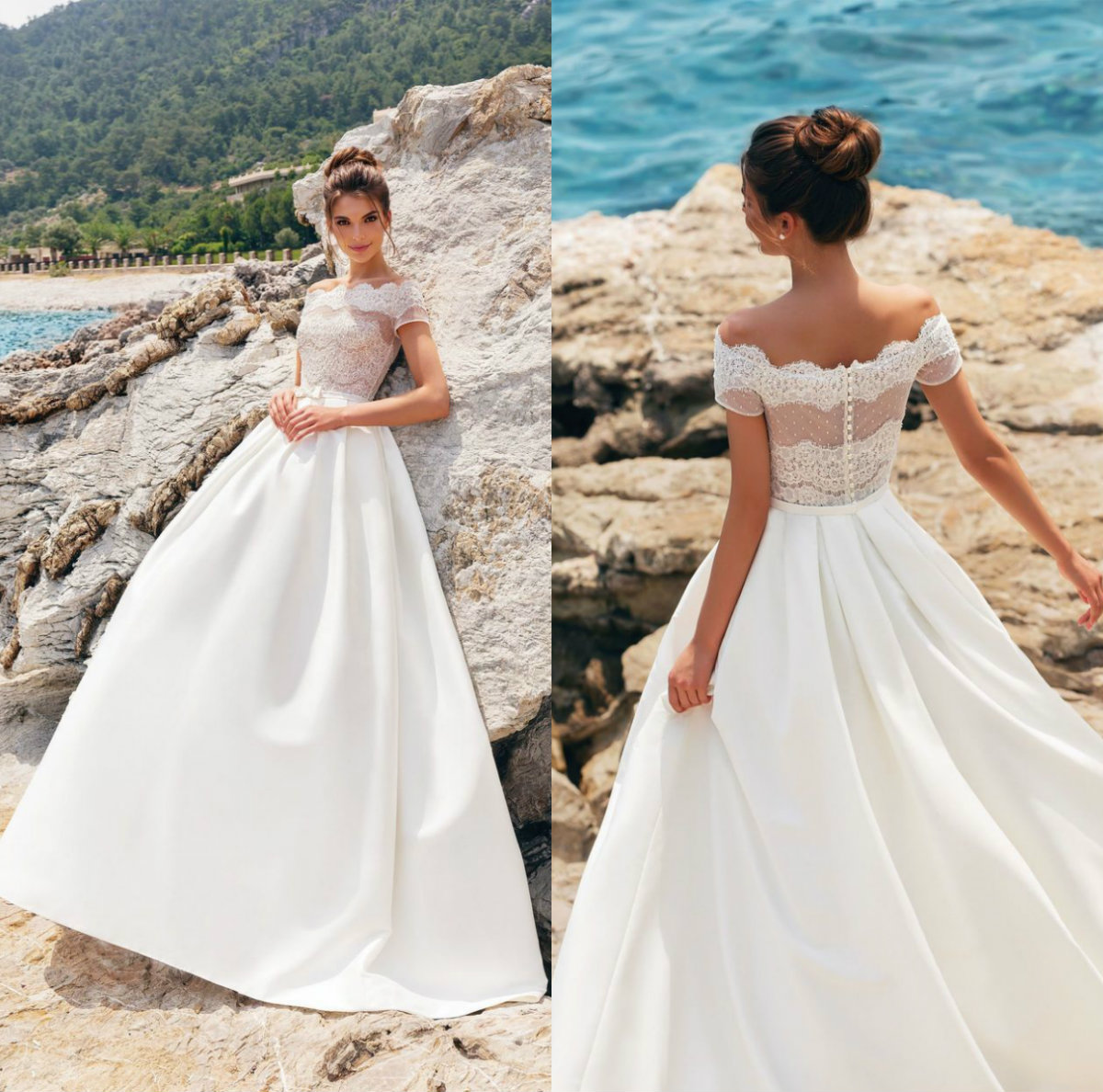 Off Shoulder Boho Wedding Dresses A Line Lace Appliqued Short Sleeves Bohemia Bridal Gowns Sweep Train Custom Made Beach Vestidos de Novia