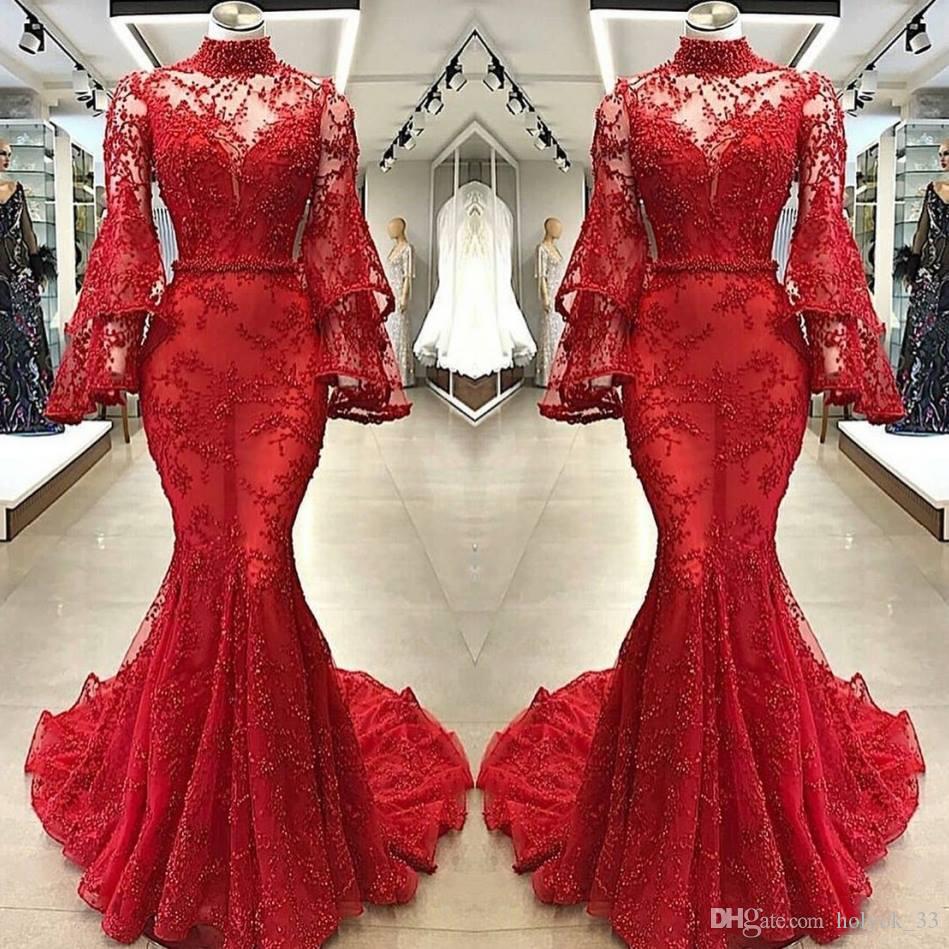 Aso Ebi Arabic 2020 Sparky Mermaid Evening Dresses Lace Pearls High Neck Long Sleeve Prom Dresses Vintage Formal Party Pageant Gowns