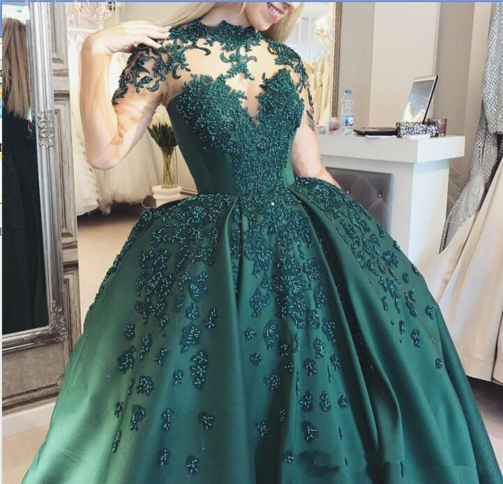Hunter Green Ball Gown Prom Dresses High Neck Lace Appliques Beads Long Sleeve Dubai Puffy Evening Gowns Saudi Arabic Party Dress