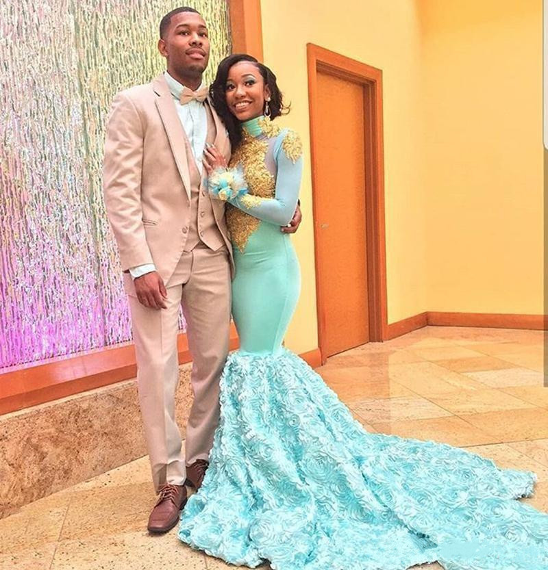 2019 Mint Blue Mermaid Prom Dresses Gold Lace Appliques High Neck Long Sleeves african Evening Gowns 3D Floral Formal Party Dress