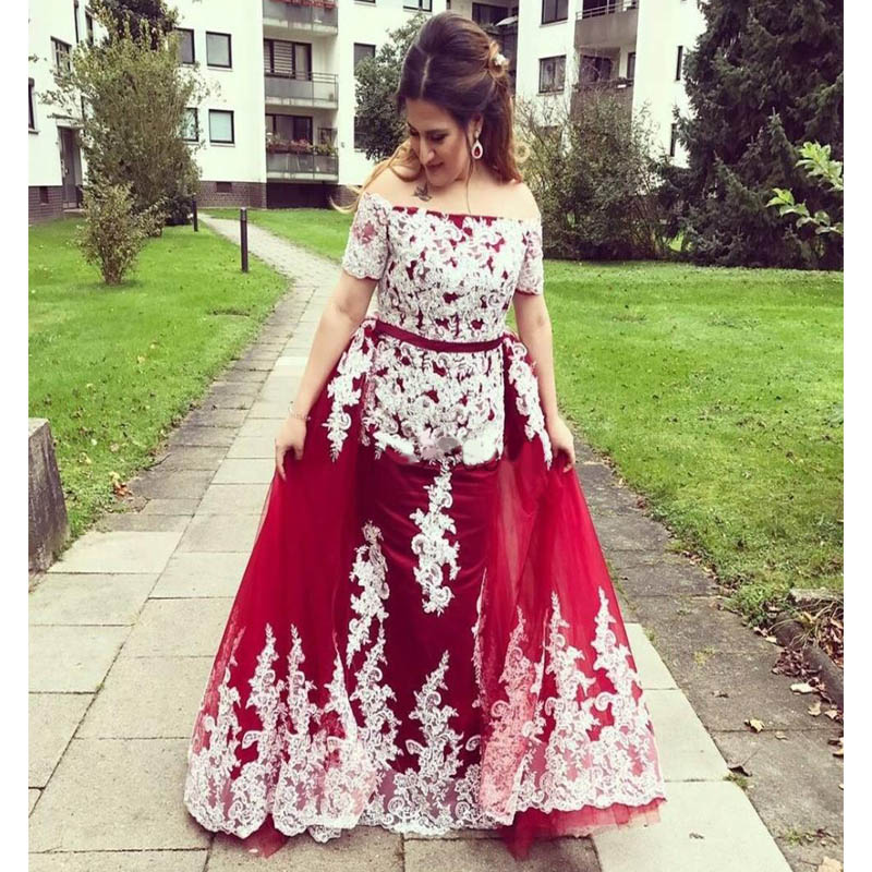 Red Mermaid Evening Dresses With Detachable Train Off Shoulder Short Sleeve Sweep Train White Appliques Formal Prom Gowns robes de soirée