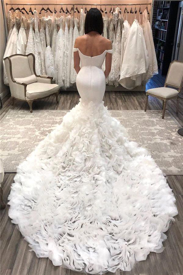 Mermaid Off the Shoulder Wedding Dress Cascading Ruffles Floor Length Long Garden Bridal Gown Plus Size Custom Made