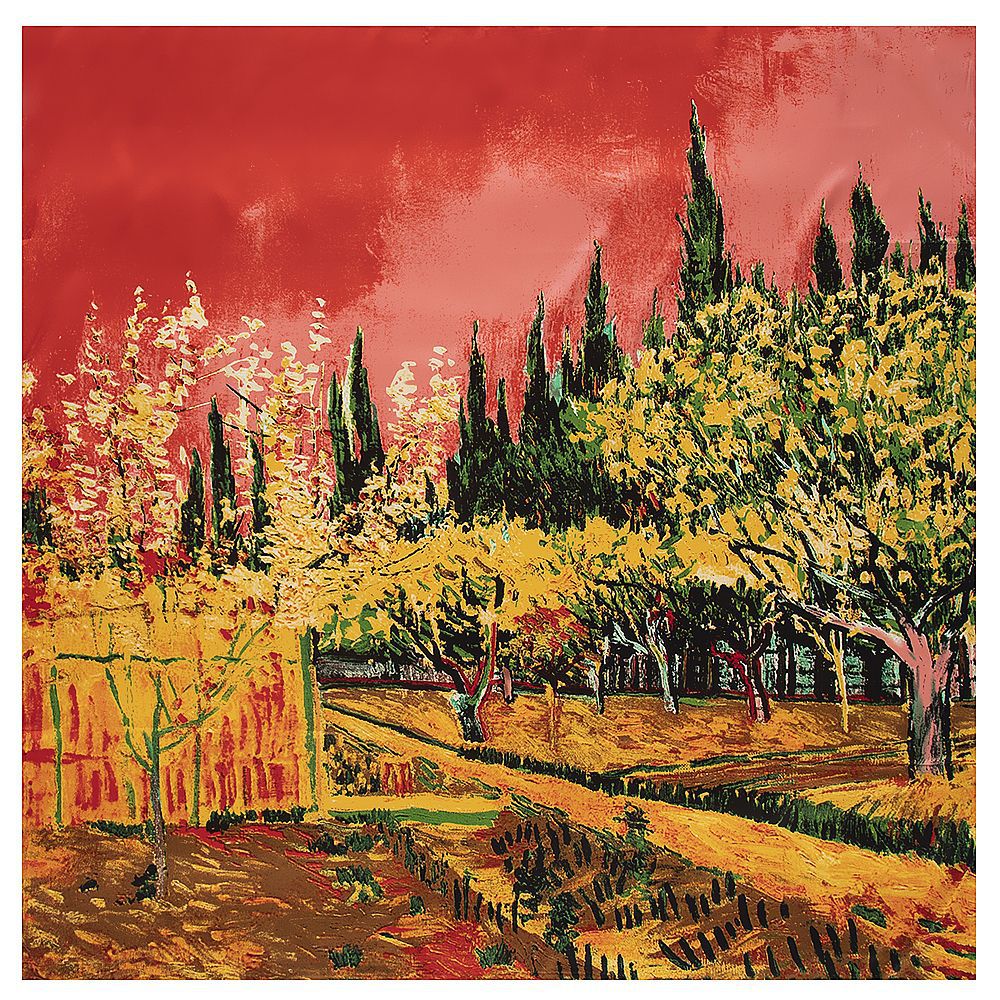 Van Gogh Large Size Silk Square Scarf Forest Oil Painting Neckerchief Bandana Women Hijab Headwear Shawl Vintage Handmade Scarves 130*130 Cm