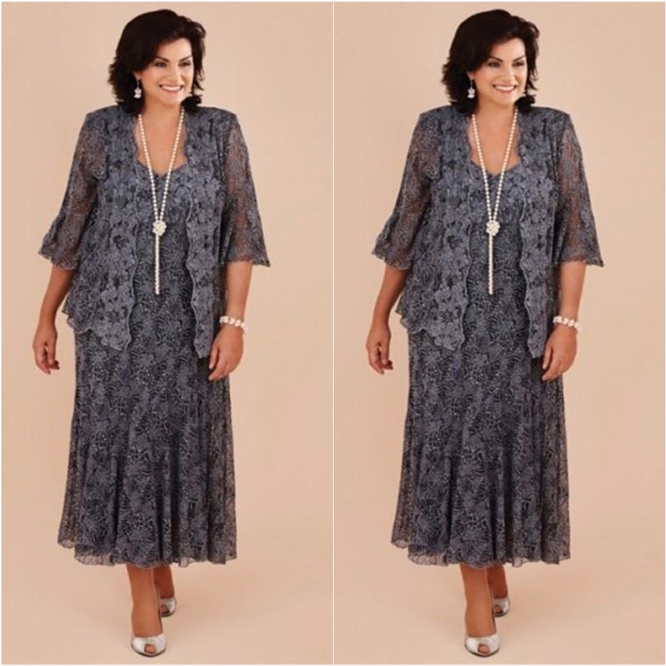 Plus Size Gray Lace Tea Length Mother of the Bride Dresses With Jacket Bride Mother Wedding Party Dress Formal vestido de renda