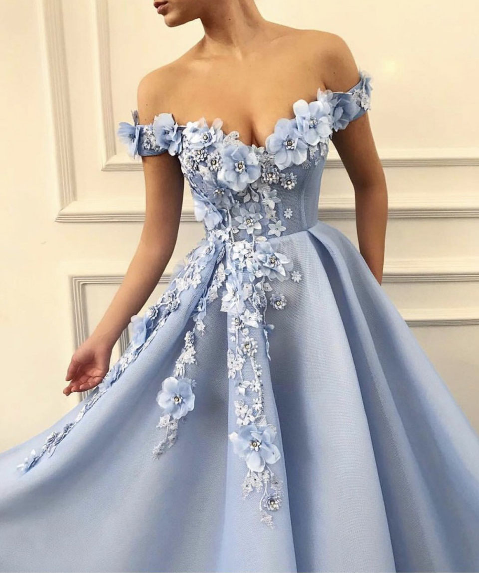 Charming Blue Evening Dresses A-Line Off The Shoulder Flowers Appliques Dubai Saudi Arabic Long Evening Gown Prom Dress